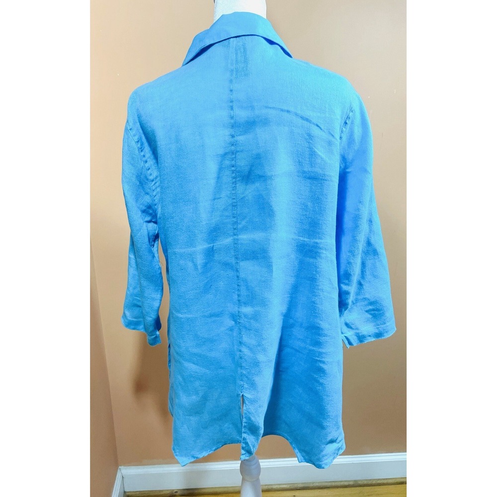 Ali Miles linen shirt Small resort tunic art to wear flowers Aqua blue - Picture 4 of 9